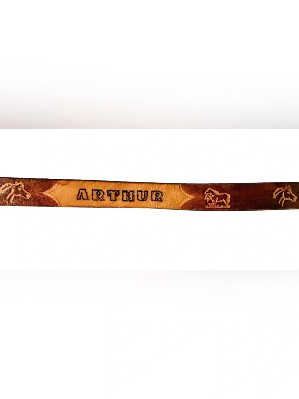 Vintage 1980’s Horses Leather Belt Youth 31” Name Arthur Hand Tooled Cowboy